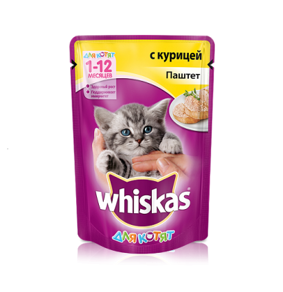 Whiskas для котят мясной паштет с курицей 85 гр.